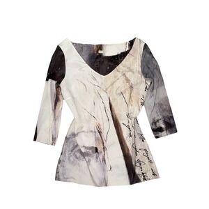 Annette Gortz Silk Blend Abstract Design 3/4 Sleeve V Neck Blouse Womens Size S
